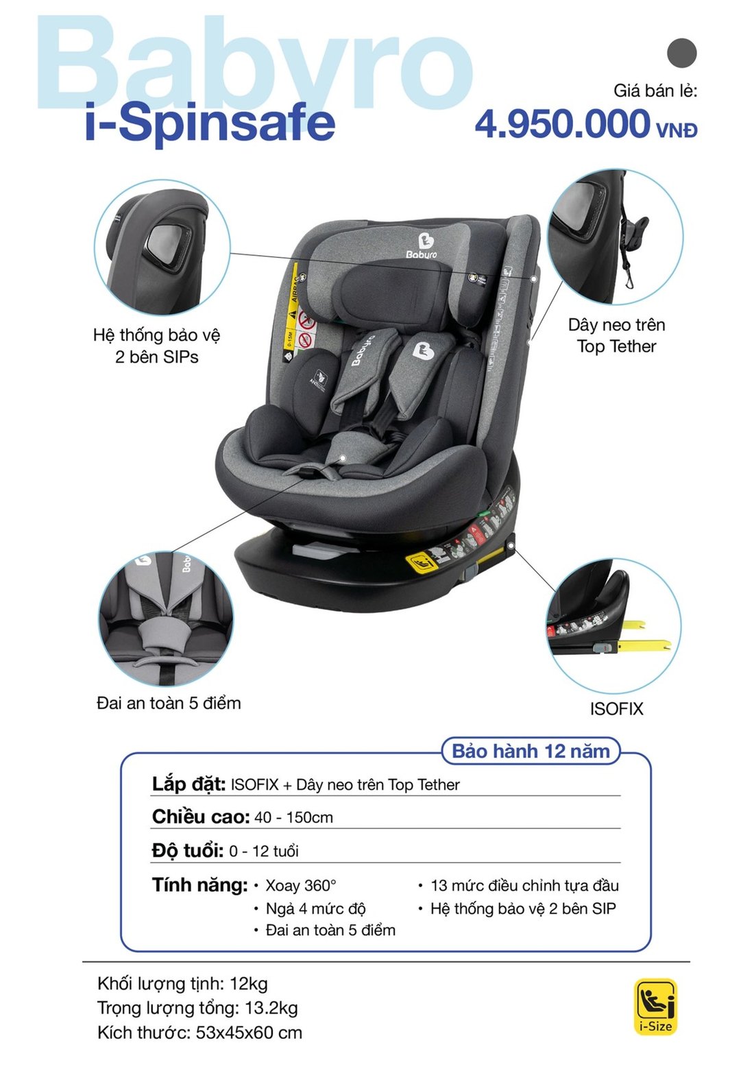 Bảng thông số một mẫu ghế Babyro: nhóm cân nặng, chiều cao và kiểu lắp